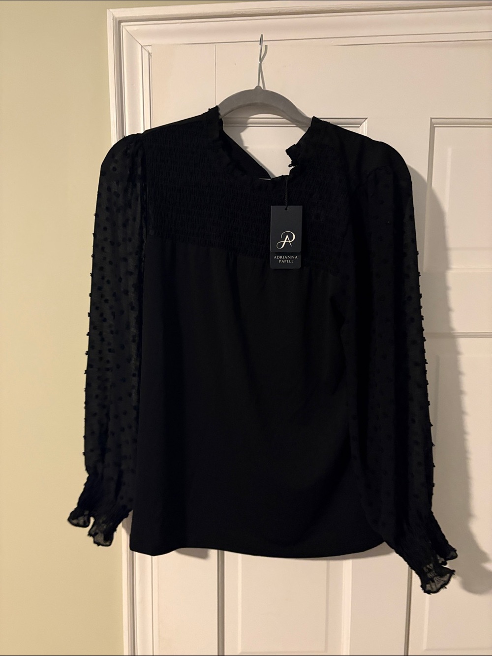 Adrianna Papell Black Swiss Dot Ruffle-Neck Blouse